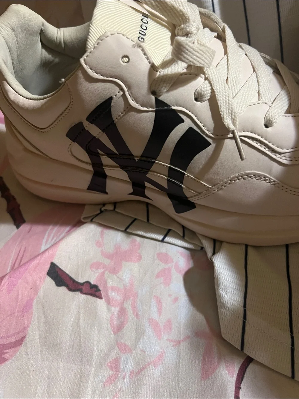 Gucci Cream White Sneakers with Black NY yankees Logo